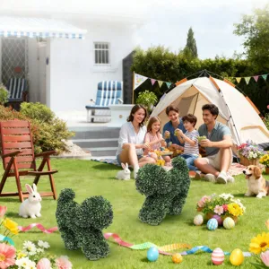 Easter artificial boxwood puppy dog topiaries in a festive backyard garden setting