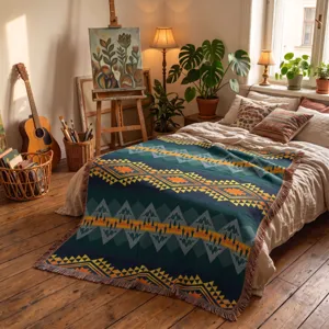 Vue détaillée d'un jeté de lit bohème tissé aux motifs géométriques dans une chambre