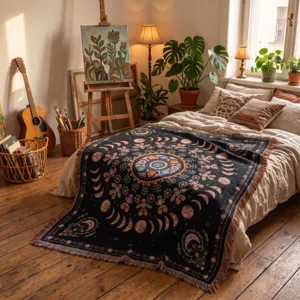 Détail d'une couverture tissée bohème avec des phases de lune sur un lit.