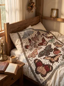 Gemütliche böhmische gewebte Decke mit Vintage-Schmetterlingsmuster auf einem Bett
