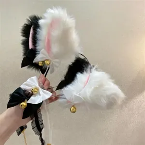 Fluffy cat ears headband and choker set with cute bows and bells, perfect for cosplay or parties.