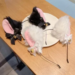Plush cat ear headband with cute bow and bell for women and girls party hair accessories.