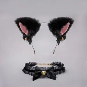 Black cat ear headband and choker set with cute bells and bows for cosplay party and daily wear.