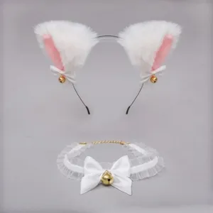 Cute fluffy cat ear headband and lace choker set with bells for sweet cosplay party.
