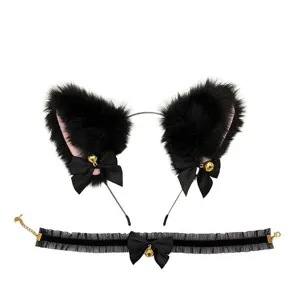 Cat Ears Hair Hoop And Lace Choker Set Cute Animal Bell Headband Kawaii Cosplay Hair Accessories For Women Party