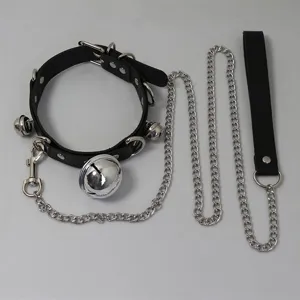 Black PU leather choker collar with big bell and metal chain leash for alternative fashion style.