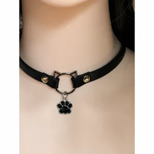 Black cat ear paw choker necklace, sweet cool Y2K PU leather collar jewelry main.