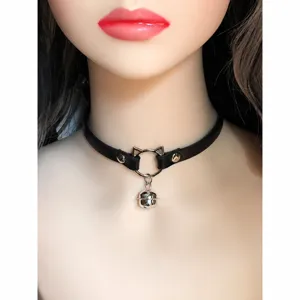 Black cat ear PU leather choker necklace with bell, sweet and cool Y2K style main product view.