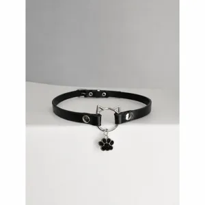 Black PU leather choker necklace featuring cute cat ear ring and paw pendant for Y2K style.