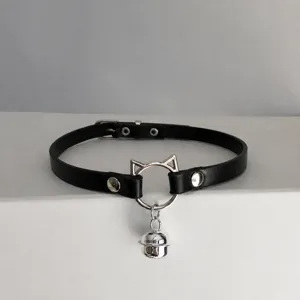 Black cute cat choker necklace y2k sweet cool style PU leather collar with bell for women