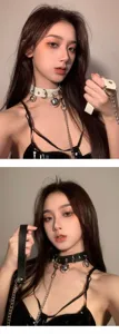 Collier ras de cou style punk en cuir avec clochettes et chaîne bijoux femme mode.