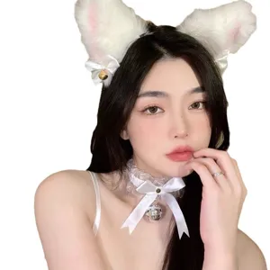 Choker en dentelle blanche avec nœud et clochette et serre-tête oreilles de chat pour cosplay.