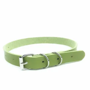 Dettaglio della collana girocollo in pelle verde con fibbia in metallo e anello a D.