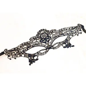 Exquisite black lace mask detail showing intricate hollow carved floral patterns and fine edges.