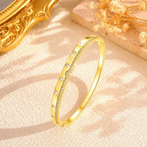 Gold rhinestone detailed thin bracelet, delicate wave pave design for women daily wear detail shot