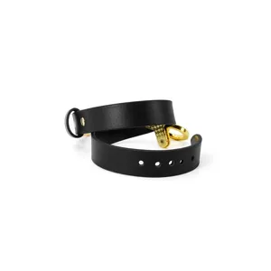 Black leather choker necklace for women with luxury gold metal ring hardware and cool punk design.