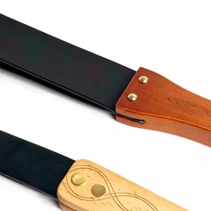 Detailed view of adult BDSM practice leather paddle with wooden handle and black strap.