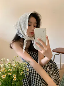 French lace triangle headscarf for women, cute floral hair band and stylish neck scarf.