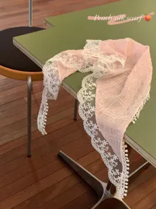 French pink lace triangle scarf with floral trim, elegant decorative hair band and neck scarf.
