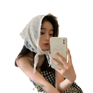 French lace triangular headscarf beige stylish decorative hair band versatile small scarf