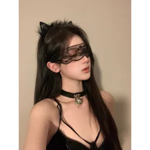 Black lace cat ear headband eye mask and bell choker set, cute and stylish cosplay accessories.