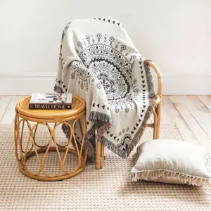 Detailed view of Bohemian mandala pattern woven throw blanket with colorful fringe detail