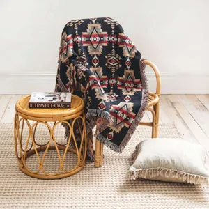 Detail of a woven Bohemian throw blanket with ethnic Southwestern geometric patterns and fringes.