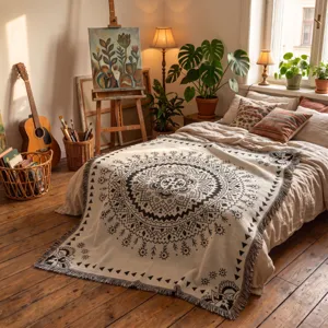 Bohemian woven throw blanket with mandala pattern and fringed edges in an artist studio