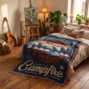 Cozy woven camping blanket with mountain campfire design spread on a bed in a sunlit room