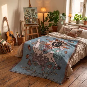 Gewebte Wohndecke im Boho-Stil mit Sonnen-, Mond- und Blumendesign im Schlafzimmer.