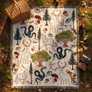 Detaillierte Ansicht der gewebten Campingdecke mit Waldtieren und Pilz-Illustrationen