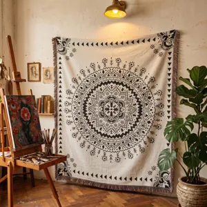 Large Bohemian Mandala woven throw blanket displayed as decorative wall hanging in studio