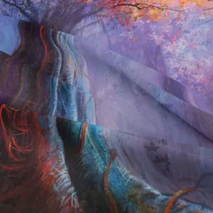 Primo piano che mostra la trama del tessuto e i colori vivaci dell'arazzo forestale