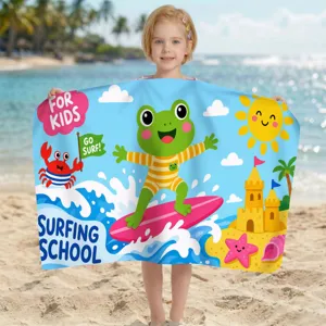 Weiches, saugfähiges Mikrofaser-Strandtuch für Kinder mit buntem Cartoon-Surffrosch-Design