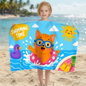 Farbenfrohes, schnelltrocknendes Mikrofaser-Strandtuch mit niedlichem Comic-Katzenmotiv