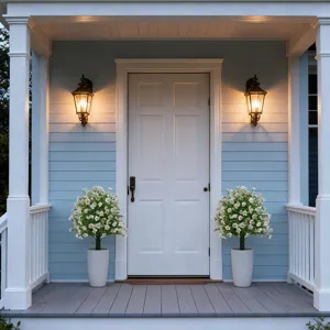 Decorative pair of artificial Milan grass topiaries in white pots on a serene blue porch.