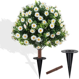 Artificial outdoor topiary tree with white daisies and ground stakes for garden decor