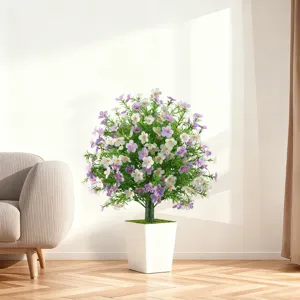Lifelike artificial potted plant with purple and white flowers in a modern white pot