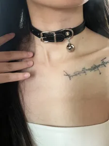 Black leather choker necklace with cute silver bell, punk goth collar fashion jewelry for women.