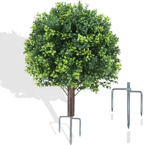 Artificial Boxwood Topiary Ball Tree With Metal Stake UV Resistant Faux Greenery Outdoor Garden Lavender Rose Flower Decor