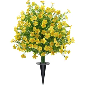 Artificial outdoor garden stake featuring vibrant yellow flowers and dense green foliage