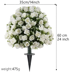 Decorative white artificial rose ball flower arrangement with a black ground stake for garden
