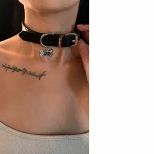 Black PU leather choker necklace with bone pendant and matching leash set for women punk style.