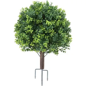 Lush artificial boxwood topiary tree with sturdy metal ground stake for garden decor