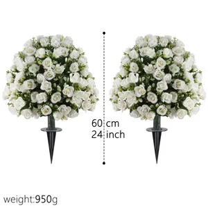 Set of 2 artificial white rose garden stakes, 60cm tall decorative outdoor flower balls.