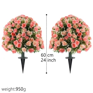 Set of two artificial rose flower bouquets with black ground stakes for garden decor