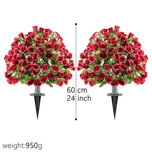 Outdoor artificial red rose garden stake, 60cm height with ground spike support