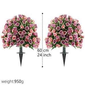 Pink and purple artificial rose bush with ground stake for outdoor garden decor