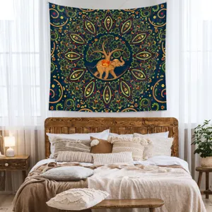 Tapiz de pared bohemio detallado con mandala de elefante en un dormitorio acogedor