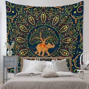 Tapiz bohemio de elefante para decoración de dormitorio con patrón mandala